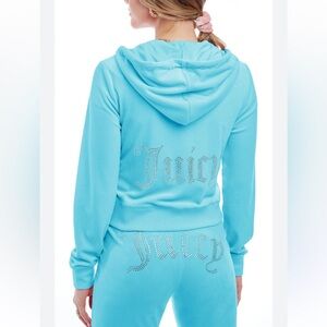 New Juicy Couture OG Bling Crystal Blue Hoodie & Pants Tracksuit Set